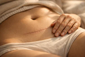 Close-up realista de como acabar com a pochete na ces&aacute;rea em um abd&ocirc;men feminino com cicatriz de ces&aacute;rea e leve flacidez no baixo ventre.