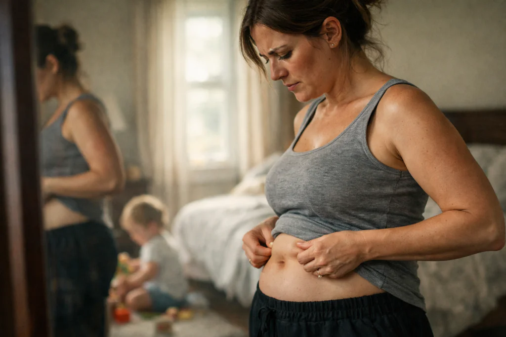 M&atilde;e preocupada em como baixar o est&ocirc;mago alto depois da gravidez, com o est&ocirc;mago estufado p&oacute;s-parto dois anos depois de ter filhos, olhando para sua barriga alta acima do umbigo no espelho com o beb&ecirc; ao fundo