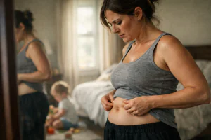 M&atilde;e preocupada em como baixar o est&ocirc;mago alto depois da gravidez, com o est&ocirc;mago estufado p&oacute;s-parto dois anos depois de ter filhos, olhando para sua barriga alta acima do umbigo no espelho com o beb&ecirc; ao fundo