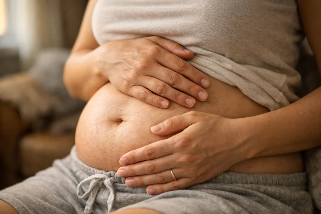 M&atilde;os de uma m&atilde;e segurando com carinho sua barriga mole p&oacute;s-parto, buscando solu&ccedil;&otilde;es de como melhorar o umbigo triste p&oacute;s-parto.