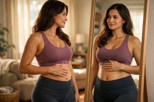 Mulher jovem preocupada em como perder barriga de avental p&oacute;s-parto, com roupa de treino observando o excesso de pele na barriga ap&oacute;s a gravidez em um espelho iluminado.