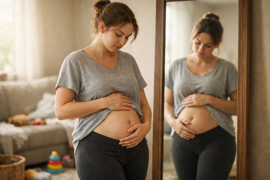 Jovem m&atilde;e observando sua barriga p&oacute;s-parto no espelho com express&atilde;o pensativa, refletindo sobre como saber se tenho di&aacute;stase abdominal.