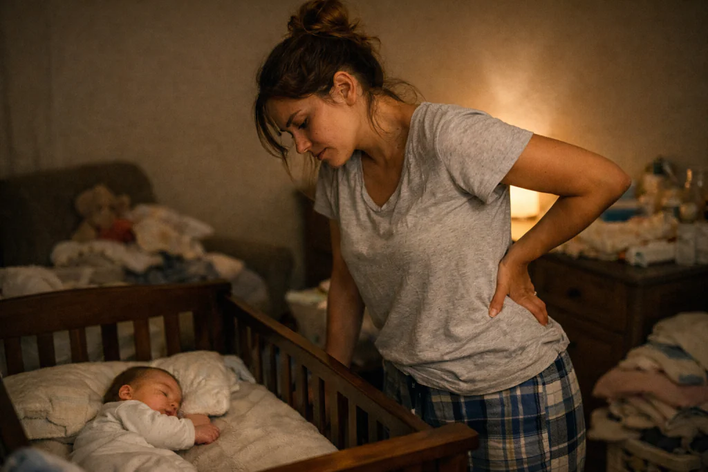 M&atilde;e jovem em p&eacute; no quarto do beb&ecirc; &agrave; noite, tocando as costas com express&atilde;o de dor na lombar ao pegar o beb&ecirc; olhando para o ber&ccedil;o, ilustrando a realidade da dor p&oacute;s-parto.
