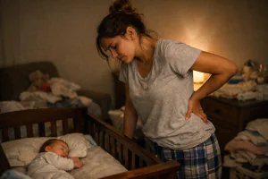 M&atilde;e jovem em p&eacute; no quarto do beb&ecirc; &agrave; noite, tocando as costas com express&atilde;o de dor na lombar ao olhar para o ber&ccedil;o, ilustrando a realidade da dor p&oacute;s-parto.