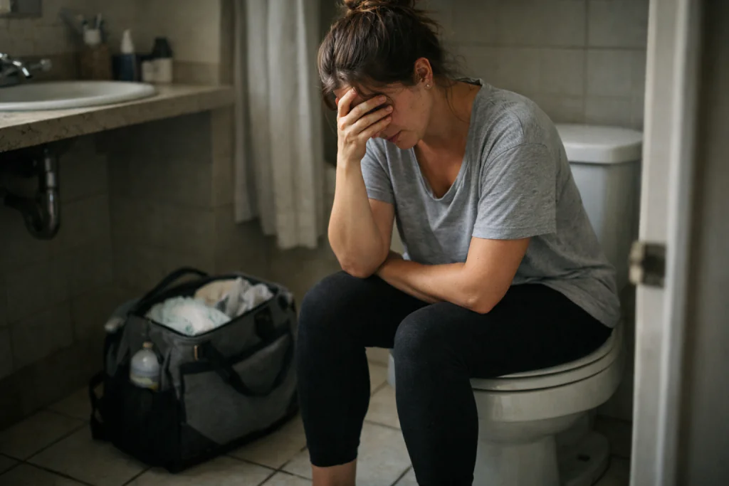 M&atilde;e jovem sentada no banheiro com express&atilde;o pensativa e constrangida, representando a vulnerabilidade e a d&uacute;vida sobre o escape de xixi p&oacute;s-parto o que fazer.