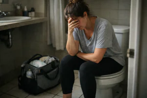 M&atilde;e jovem sentada no banheiro com express&atilde;o pensativa e constrangida, representando a vulnerabilidade e a d&uacute;vida sobre o escape de xixi p&oacute;s-parto o que fazer.