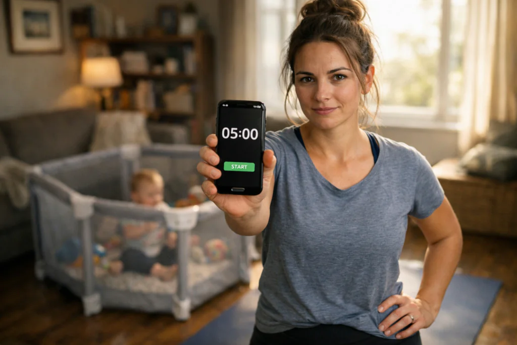M&atilde;e segurando o celular com um cron&ocirc;metro, pronta para come&ccedil;ar sua rotina de exerc&iacute;cios de 5 minutos para perder barriga na sala de casa.