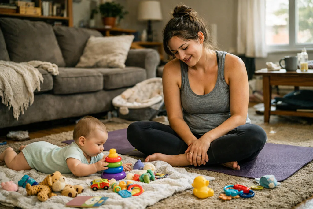 M&atilde;e sorrindo no tapete da sala com o beb&ecirc; ao lado durante intervalo de treino em casa para m&atilde;es iniciantes.