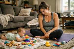 M&atilde;e sorrindo no tapete da sala com o beb&ecirc; ao lado durante intervalo de treino em casa para m&atilde;es iniciantes.