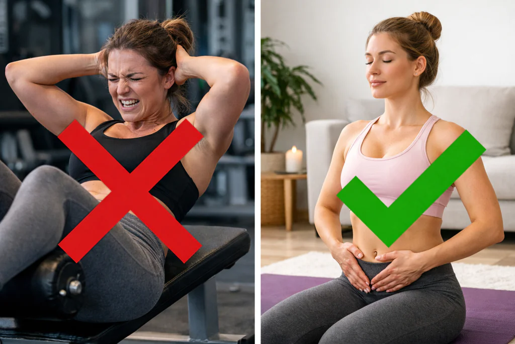 Compara&ccedil;&atilde;o entre o erro de fazer abdominais comuns e o acerto de praticar exerc&iacute;cios como respira&ccedil;&atilde;o para acabar com a pochete da ces&aacute;rea.