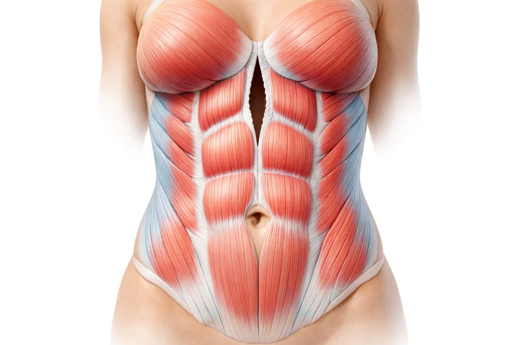 Ilustra&ccedil;&atilde;o m&eacute;dica da di&aacute;stase supraumbilical p&oacute;s-parto, mostrando a abertura dos m&uacute;sculos reto abdominais e a fraqueza do m&uacute;sculo transverso do abd&ocirc;men que causa e dificulta o processo de como baixar o est&ocirc;mago alto depois da gravidez.