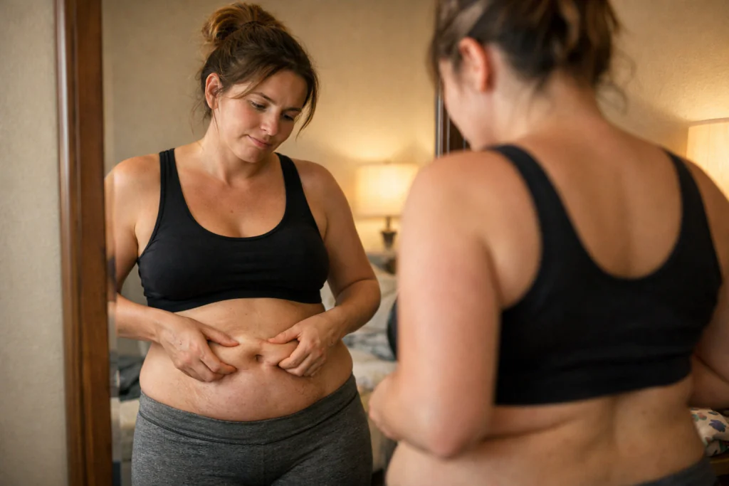 Jovem m&atilde;e no espelho observando a pele fl&aacute;cida acima do umbigo e a barriga mole depois da gravidez.