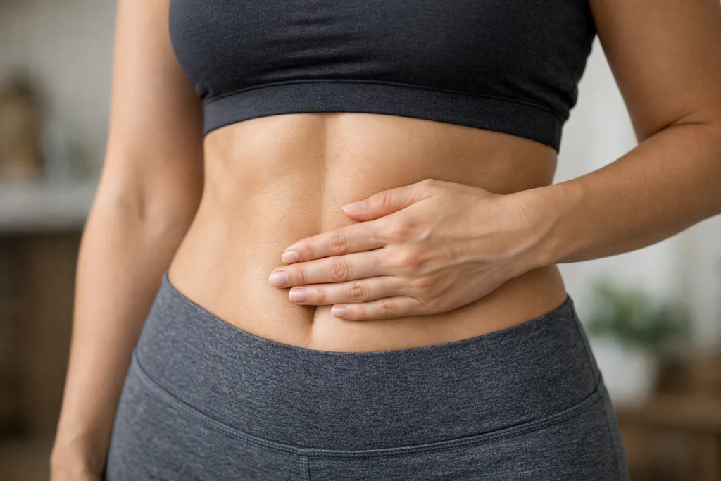 Close na barriga de uma mulher mostrando a regi&atilde;o central onde ocorre o afastamento dos m&uacute;sculos da barriga (fenda abdominal).