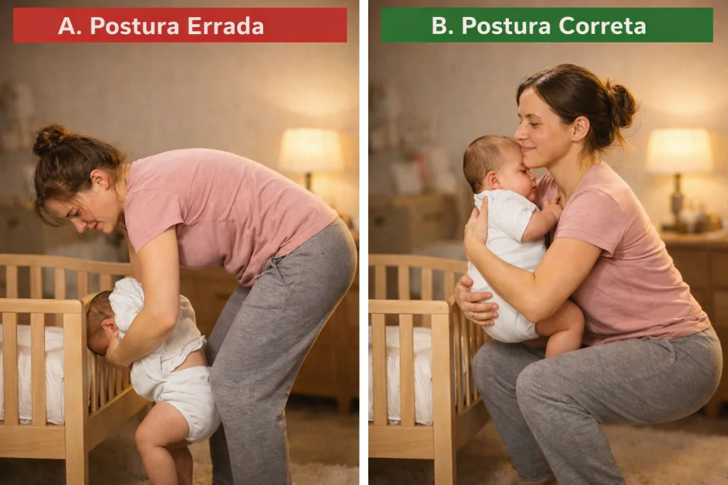 Painel comparativo mostrando a postura errada (curvando as costas) e a postura correta (agachando com as pernas) para pegar o beb&ecirc; do ber&ccedil;o sem sentir dor na lombar.