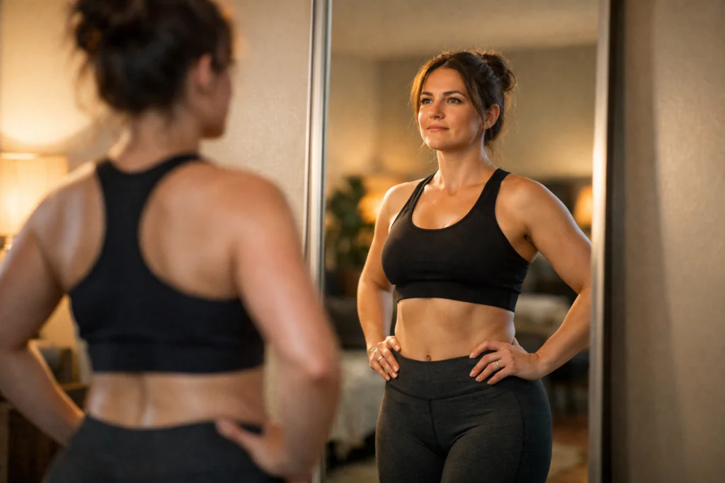 M&atilde;e observando sua postura no espelho com esperan&ccedil;a sobre como voltar ao corpo de antes da gravidez em casa.