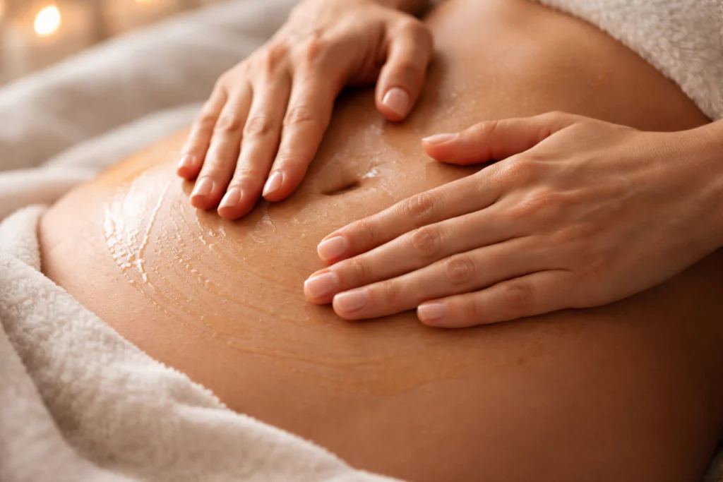 Demonstra&ccedil;&atilde;o de como fazer massagem para acabar com a pochete e a cicatriz da ces&aacute;rea e diminuir a fibrose abdominal.