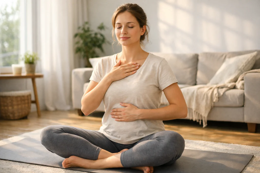 M&atilde;e praticando respira&ccedil;&atilde;o diafragm&aacute;tica profunda em casa para baixar a dilata&ccedil;&atilde;o do est&ocirc;mago e aprender como fechar as costelas abertas depois da gravidez.