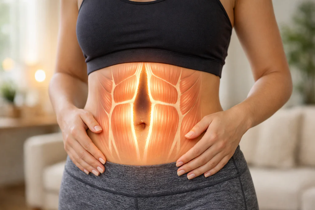 Ilustra&ccedil;&atilde;o anat&ocirc;mica sobreposta ao corpo feminino mostrando a di&aacute;stase dos m&uacute;sculos retos abdominais como a verdadeira causa do umbigo triste e ca&iacute;do.