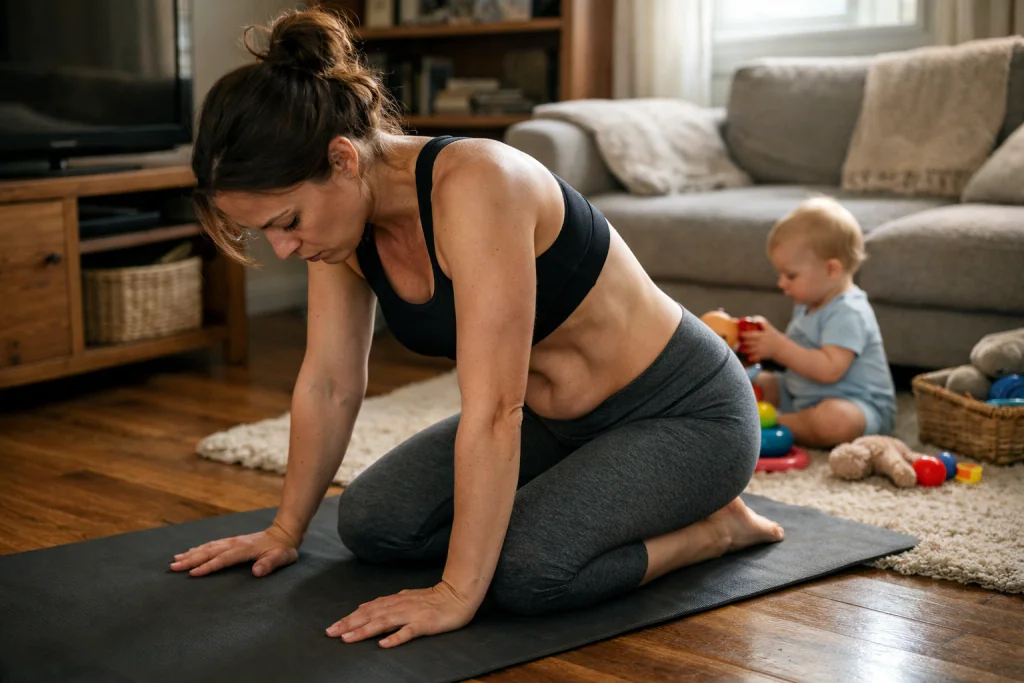 M&atilde;e praticando m&eacute;todo conservador para di&aacute;stase e v&aacute;cuo abdominal em casa para reduzir o est&ocirc;mago alto.