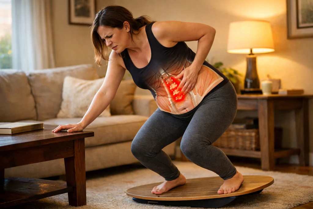 Close na barriga de uma mulher (mostrando cicatriz de ces&aacute;rea) com sobreposi&ccedil;&atilde;o anat&ocirc;mica ilustrando o core fraco p&oacute;s-parto e a tens&atilde;o resultante na regi&atilde;o lombar.