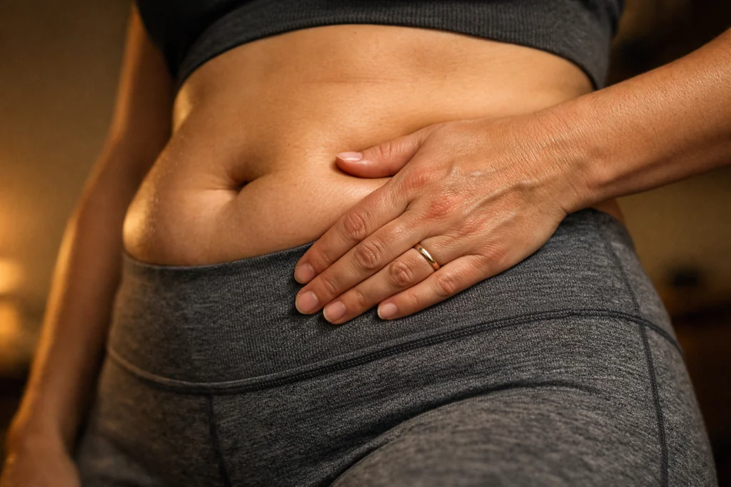 Close na barriga de uma mulher (revelando cicatriz de ces&aacute;rea) com sobreposi&ccedil;&atilde;o anat&ocirc;mica ilustrando o core fraco p&oacute;s-parto e a tens&atilde;o resultante na regi&atilde;o lombar.