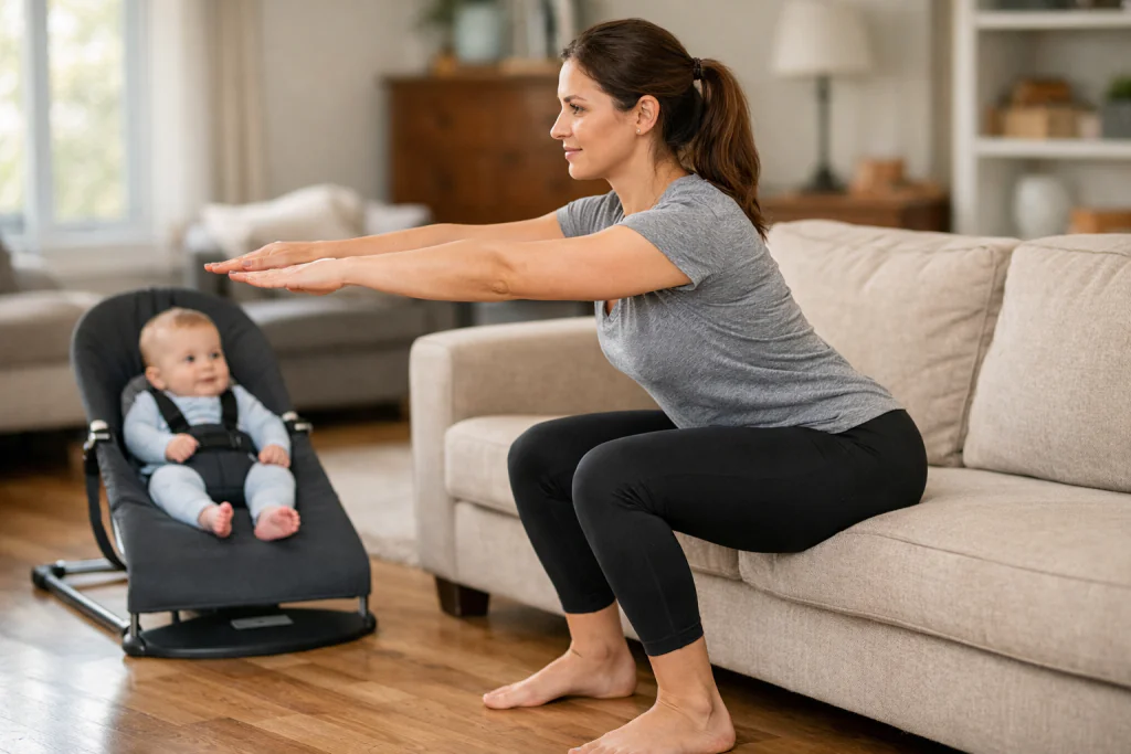 M&atilde;e realizando agachamento no sof&aacute; com seguran&ccedil;a enquanto o beb&ecirc; observa, ilustrando exerc&iacute;cios f&aacute;ceis para m&atilde;es cansadas.
