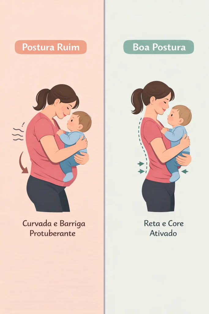 Diagrama comparativo de como baixar o est&ocirc;mago alto na gravidez ilustrando a m&aacute; postura de m&atilde;e curvada e barriga protuberante (est&ocirc;mago dilatado) versus a boa postura reta e core ativado amamentando seu beb&ecirc;.