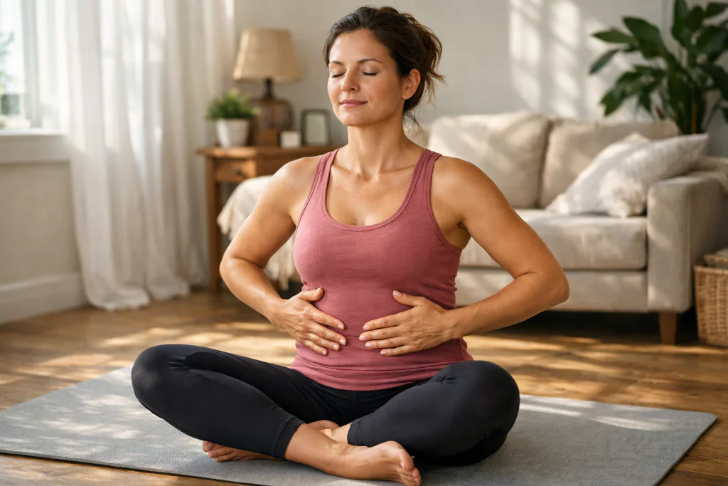 M&atilde;e praticando respira&ccedil;&atilde;o focada na ativa&ccedil;&atilde;o do transverso do abd&ocirc;men em casa para recuperar o t&ocirc;nus do core e endurecer a barriga de dentro para fora.