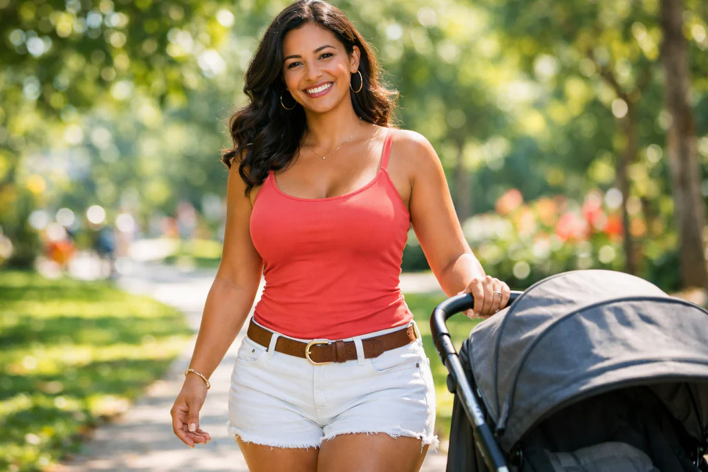 Mulher confiante e feliz ap&oacute;s aprender como perder barriga de avental p&oacute;s-parto e recuperar sua autoestima.