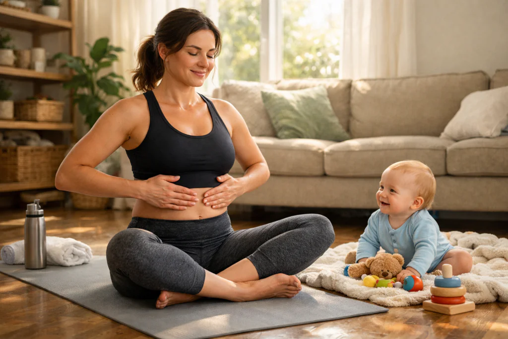 M&atilde;e sorrindo enquanto faz exerc&iacute;cios espec&iacute;ficos de ativa&ccedil;&atilde;o do core em casa para fechar a di&aacute;stase e recuperar a autoestima.