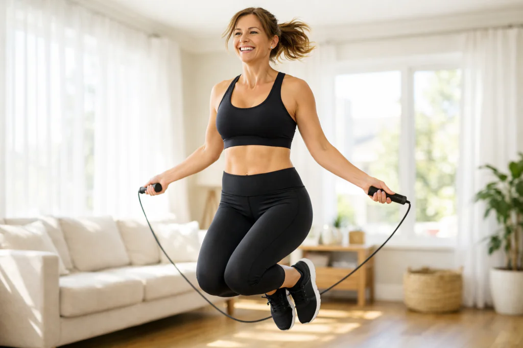 M&atilde;e sorrindo e pulando corda (jump) com confian&ccedil;a na sala de casa, mostrando a liberdade recuperada ap&oacute;s o fortalecimento do assoalho p&eacute;lvico.