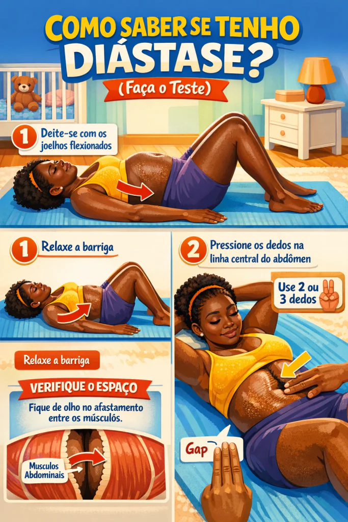 Infogr&aacute;fico detalhado mostrando como saber se tenho di&aacute;stase abdominal, com instru&ccedil;&otilde;es visuais exatas de como medir diastase abdominal em casa passo a passo e a postura correta para a mulher realizar o teste diastase abdominal em casa passo a passo.