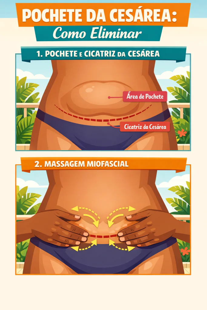 Infogr&aacute;fico ilustrado passo a passo ensinando a massagem na cicatriz da ces&aacute;rea para tratar a fibrose e reduzir o incha&ccedil;o e a pochete acima da cicatriz.