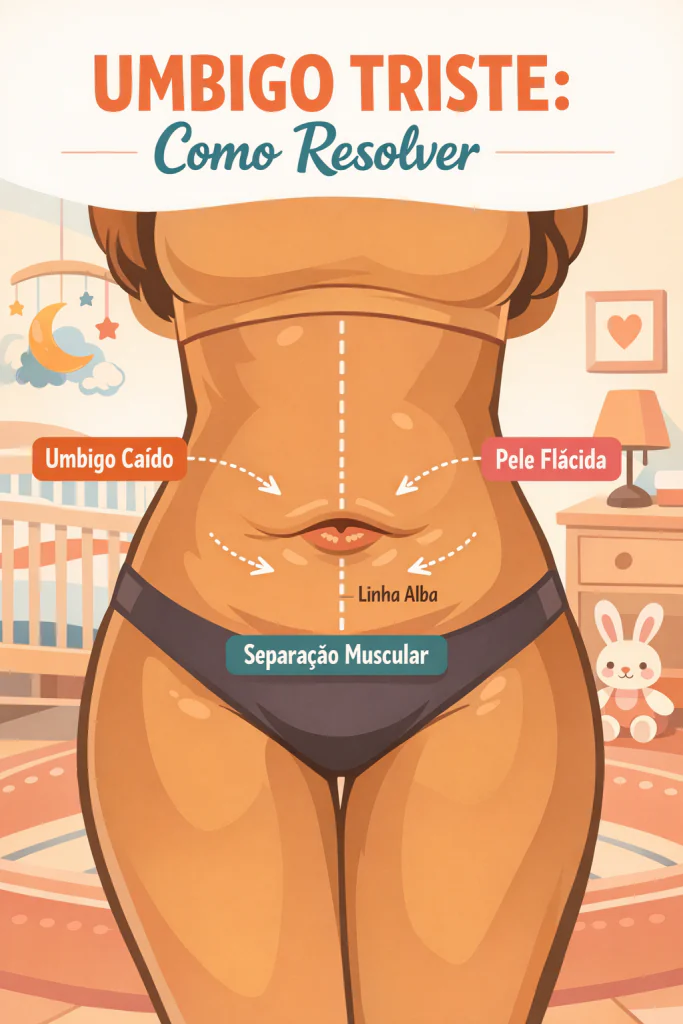 Ilustra&ccedil;&atilde;o em formato de infogr&aacute;fico explicando as causas do umbigo triste, da barriga mole e enrugada ap&oacute;s gravidez e da flacidez no umbigo ap&oacute;s parto, focando na regi&atilde;o abdominal.