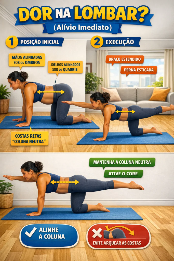 Infogr&aacute;fico passo a passo ensinando o bird dog exerc&iacute;cio lombar com a postura correta e dicas de fisioterapia lombar para evitar postura incorreta e dor ao pegar o beb&ecirc;.