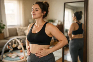 M&atilde;e praticando a t&eacute;cnica do v&aacute;cuo na barriga p&oacute;s-parto em frente ao espelho da sala para recuperar a forma e afinar a cintura com essa gin&aacute;stica hipopressiva que funciona.