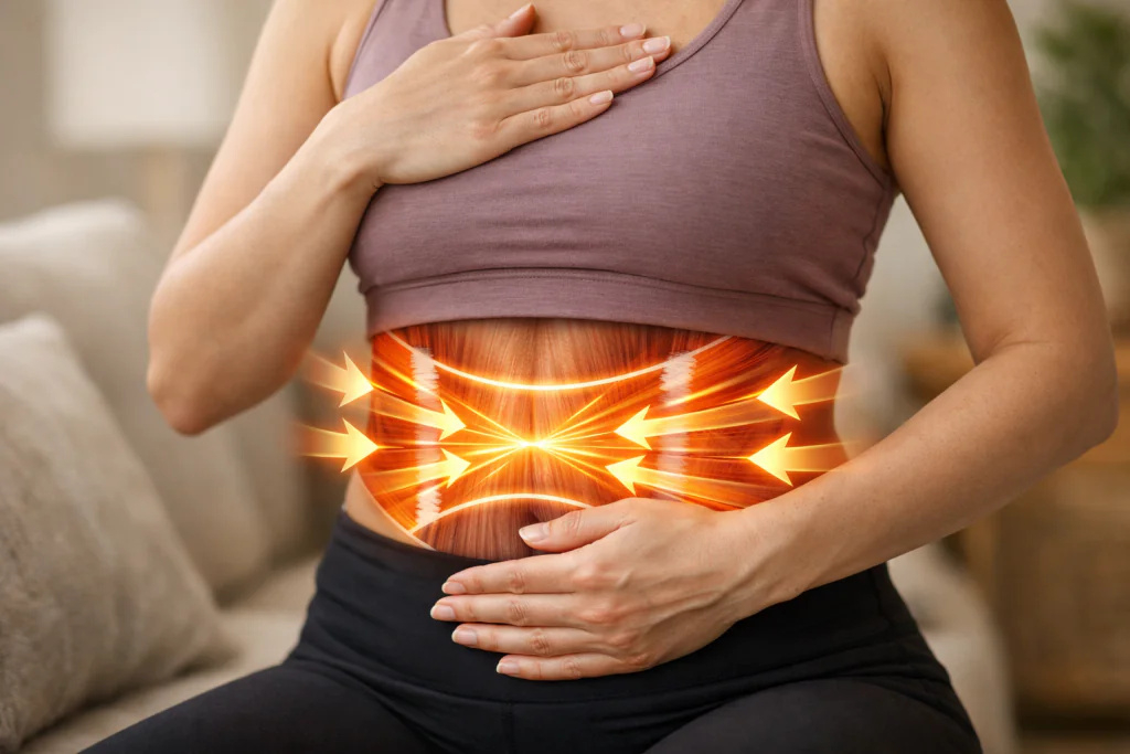 Ilustra&ccedil;&atilde;o did&aacute;tica de tonifica&ccedil;&atilde;o da musculatura lisa e transverso, que age como uma cinta natural na gin&aacute;stica hipopressiva p&oacute;s-parto que funciona.