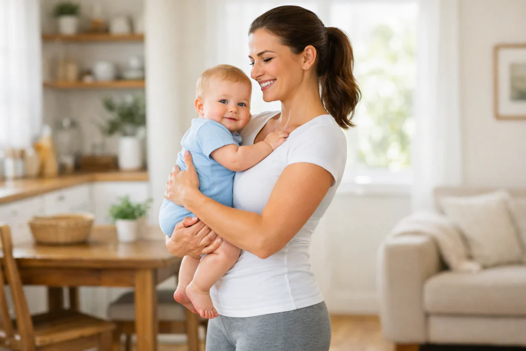 M&atilde;e segurando o beb&ecirc; com postura ereta e sem dores nas costas, resultado da reeduca&ccedil;&atilde;o postural alcan&ccedil;ada com os exerc&iacute;cios de respira&ccedil;&atilde;o que funciona com a  hipopressiva p&oacute;s-parto.
