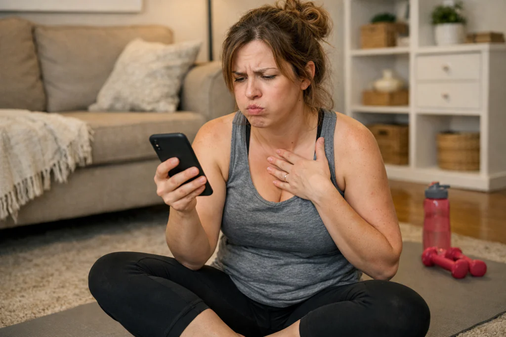 M&atilde;e confusa assistindo a v&iacute;deos no celular sobre como diminuir a barriga fl&aacute;cida r&aacute;pido, mostrando os riscos de fazer a gin&aacute;stica hipopressiva de forma incorreta.