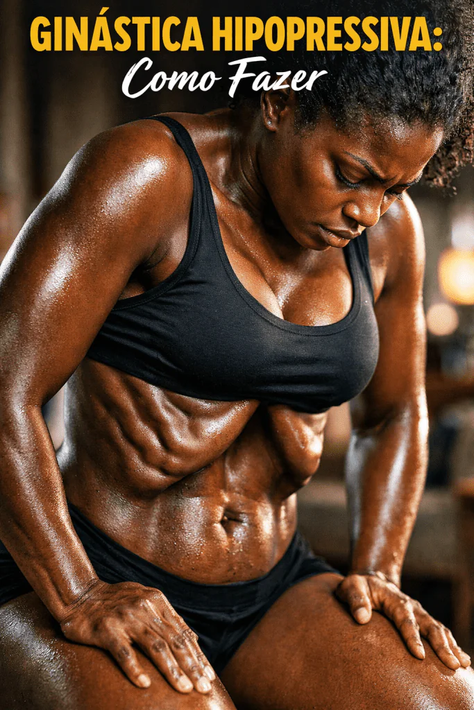 Fotografia hiper-realista e cinematogr&aacute;fica em close-up do torso de uma m&atilde;e brasileira realizando o stomach vacuum e os exerc&iacute;cios hipopressivos p&oacute;s-parto, com a caixa tor&aacute;cica expandida e o abd&ocirc;men profundamente sugado para dentro, demonstrando a t&eacute;cnica de respira&ccedil;&atilde;o correta.